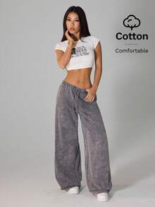 SHEIN PETITE 浅灰色女士休闲低腰直筒运动裤，适合夏季穿着，水洗雪花效果 - 淺灰色 - 查看 7