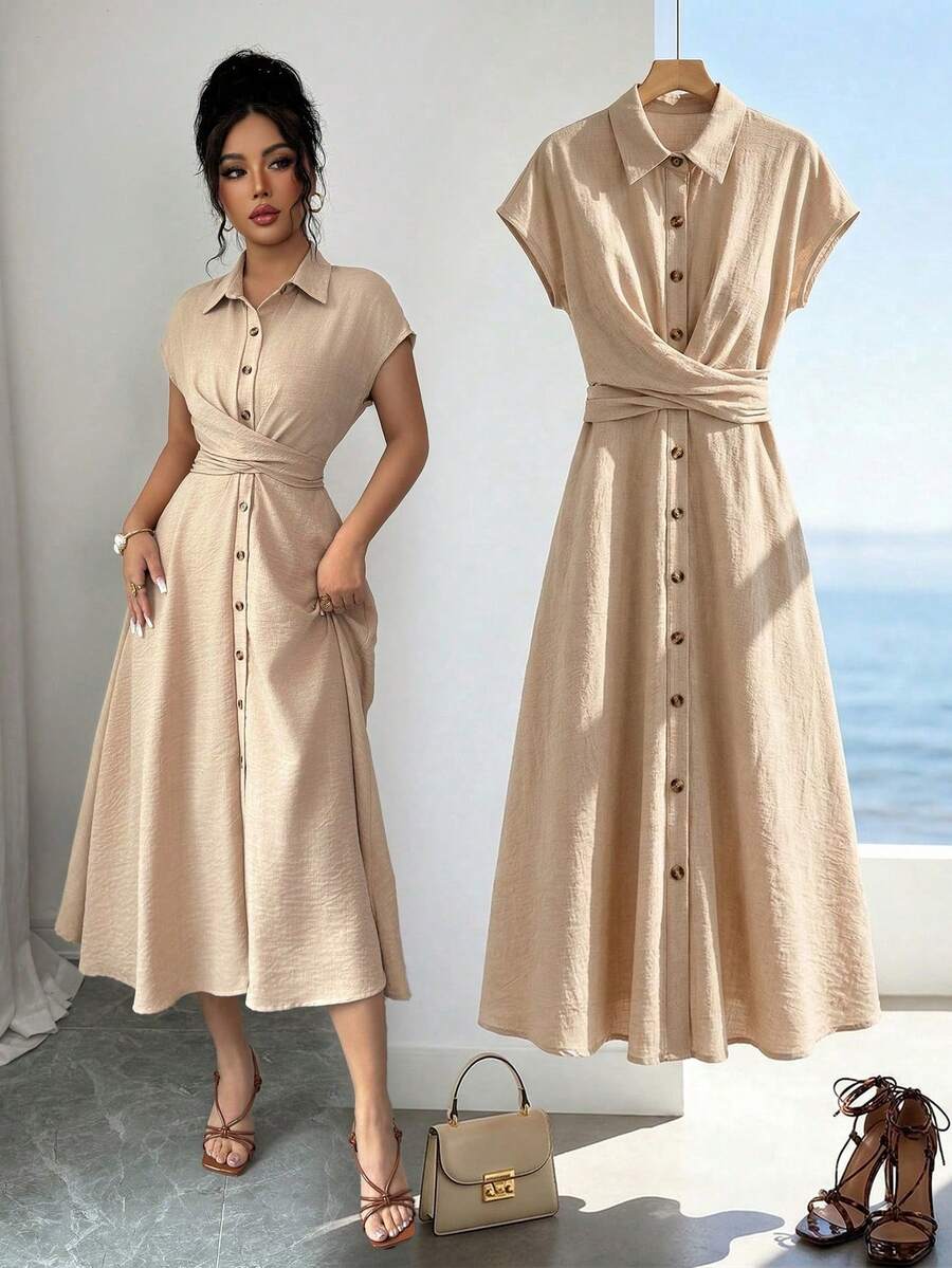 Elenzga 女士春夏优雅休闲卡其色蝴蝶结腰带修身单排扣立领短袖衬衫裙 - 卡其色 - 查看 1