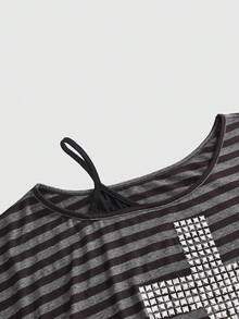 ROMWE J-Fashion 女士复古朋克亚文化不对称肩部宽松黑灰色十字图案装饰复古条纹基础款T恤 - 灰色 - 查看 3