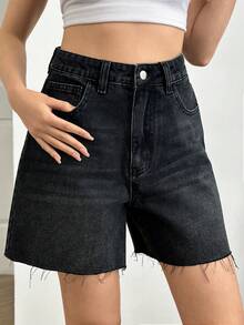SHEIN High Waist Black Color Casual Style Hem Detailed Woman Button Front Short Everyday Summer - Black - View 4
