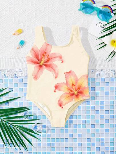 SHEIN Cream & Sunset Orange, Vintage Luxury, Floral Botanical Print With Youthful Lily Flowers, Y2K Aesthetic, Casual Minimalist One-Piece Swimsuit Suitable For Summer Beach Trip, Summer Vacation, Viral, Aesthetic Swimsuit, Pool Party, Summer Camp, Cute Summer Outfits For, Beachwear