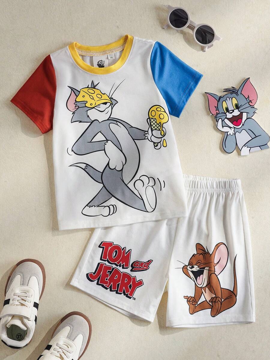 TOM & JERRY X SHEIN Bộ áo thun và quần short in họa tiết tối giản cho bé trai. - trắng - Xem 1