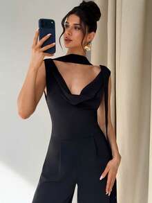 Firerie Damen eleganter minimalistischer Casual Pendler Alltags-Look, Leinen farbiges Jumpsuit mit drapiertem Kragen und weitem, geradem Bein, geeignet für Lehrer, Urlaub - Schwarz - Übersicht 6