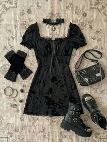 EgrlEra 女士性感紧身迷你连衣裙，系带腰身设计，植绒面料 - 黑色 - 查看 1