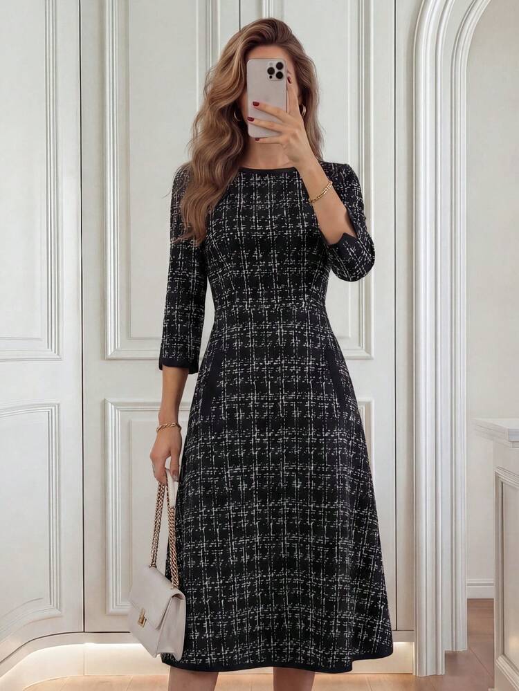 Women's Plaid Round Neck 3/4 Sleeve Elegant Midi Dress Christmas ,Christmas Dress   New Year Dress  Party Black Dress For Women Elegant Dresses For Women  Christmas Party Dress