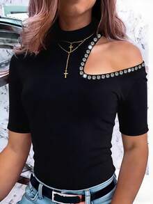EMERY ROSE 女士性感修身露肩水钻装饰V领短袖上衣，优雅度假旅行之选 - 黑色 - 查看 1