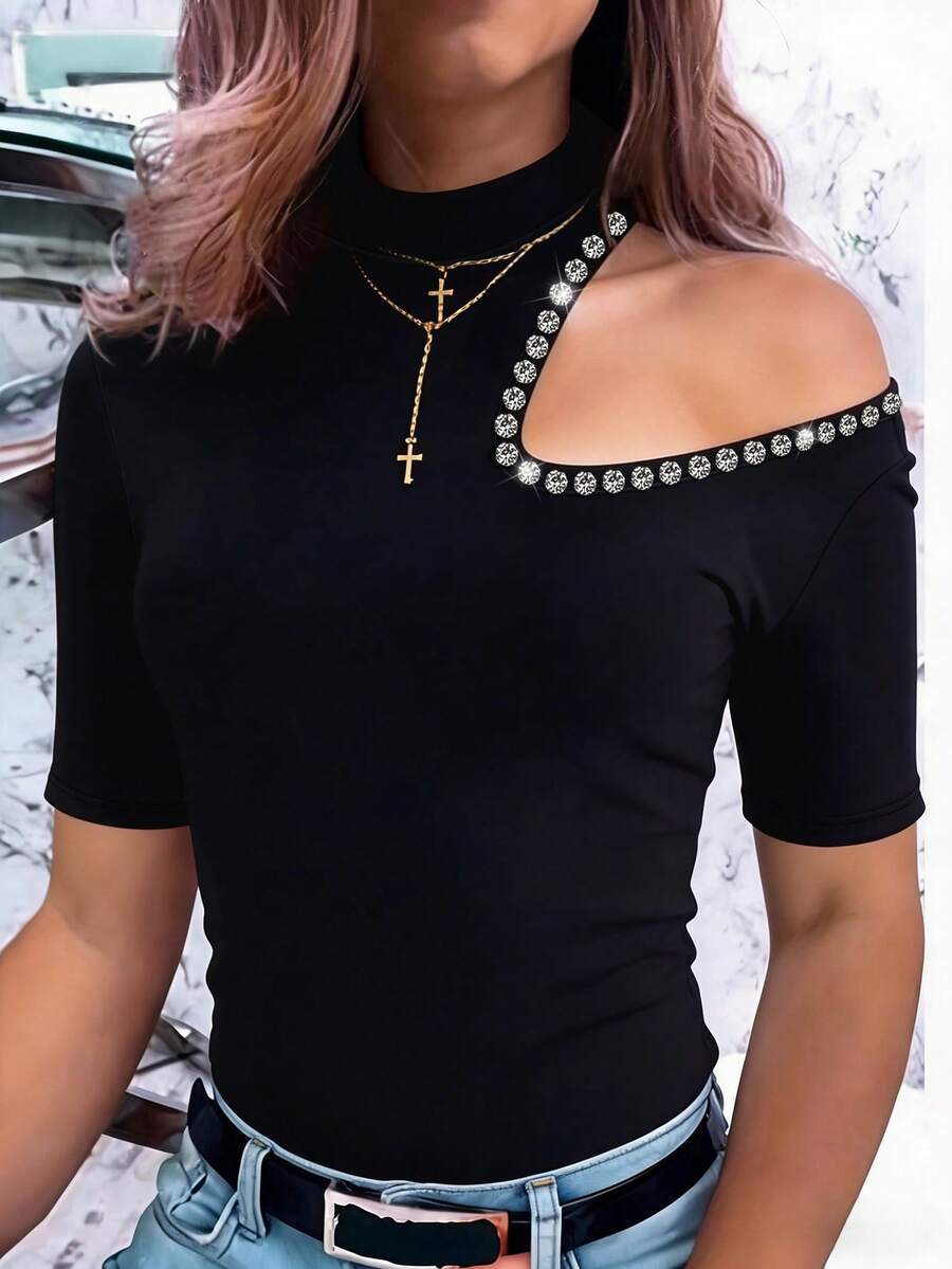 EMERY ROSE 女士性感修身露肩水钻装饰V领短袖上衣，优雅度假旅行之选 - 黑色 - 查看 1