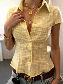 EMERY ROSE Women's Plaid Lapel Single-Breasted Casual Versatile Commuting Short Sleeve Shirt - Yellow - View 1
