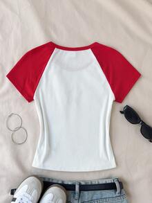 SHEIN Tween Girl Casual Minimalist Comfortable Crew Neck Patchwork Contrast Color Star Pattern T-Shirt Tween Girl - Red and White - View 2