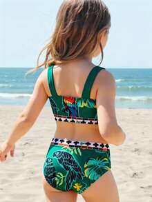 复古印花女童（小号）泳衣套装，度假风 - 綠色 - 查看 2