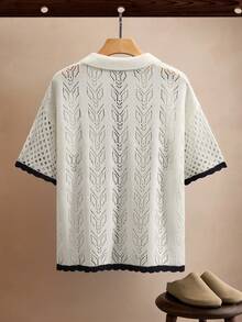 Manfinity CityGents Old Money  Men's Contrast Trim Front Button Pocket Casual Short Sleeve Knit Top Mens Crochet Shirt Net Shirt Mens Mesh Shirt Mens Summer Shirt Blouses For Men Holiday Crochet Shirt Men Resort Wear Men Beach Outfit For Men Top Vintage Outfit For Men Retro Outfit For Men Zipper Holiday / Vacation / Beach / Hawaii / Tropical / Swim /  Bathing  / Wedding / Ceremony / Groom / Graduation / Party / Evening / Dinner  Mens Summer Holiday Clothes Vacation Outfits For Men Outfit For Beach Knit Shirt Men S - White - View 9
