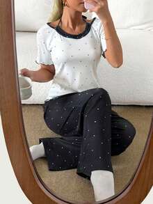 DAZY 2件套女士波点印花无袖上衣和直筒长裤睡衣套装，夏季 - 白色 - 查看 1