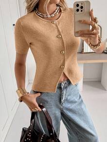 Siren Gaze Áo khoác cardigan ngắn tay cài nút dáng thường ngày dành cho nữ - Màu be - Xem 6