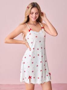 Bonmuse 女士睡衣罗纹针织蝴蝶印花撞色蕾丝饰边蝴蝶结可爱甜美性感吊带裙 - 紅色 - 查看 5