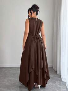 Elenzga Đầm dáng chữ A thắt eo bất đối xứng dành cho nữ cỡ lớn, thanh lịch, thích hợp đi làm, đi nghỉ mát, mặc hàng ngày. - màu nâu - Xem 2