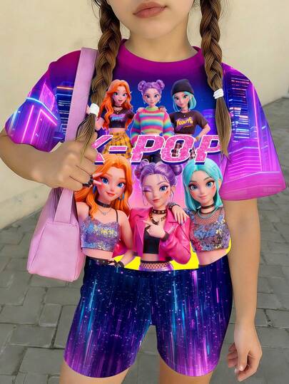 1 Set Tween Girls Casual K-POP Girl Colorful Graphic Print Short Sleeve Crew Neck T-Shirt And Shorts Set, Cyber Neon Print 2-Piece, Idol Stage Style Children Summer Outfit