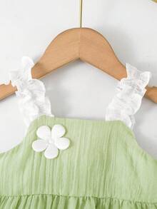 SHEIN 女宝宝可爱夏季度假绿色3D立体花朵吊带裙 - 綠色 - 查看 5