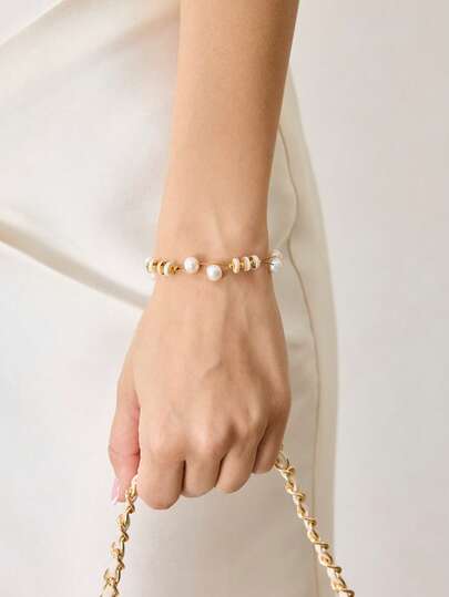 MOTF PREMIUM 欧美时尚淡水珍珠拼接十字手链，女士设计感十足的金属缠绕珍珠手链，时尚手链