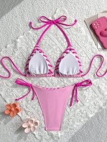 Swim Mod 女士纯色吊带露背系带泳衣套装（2件套），春夏款 - 粉色 - 查看 3