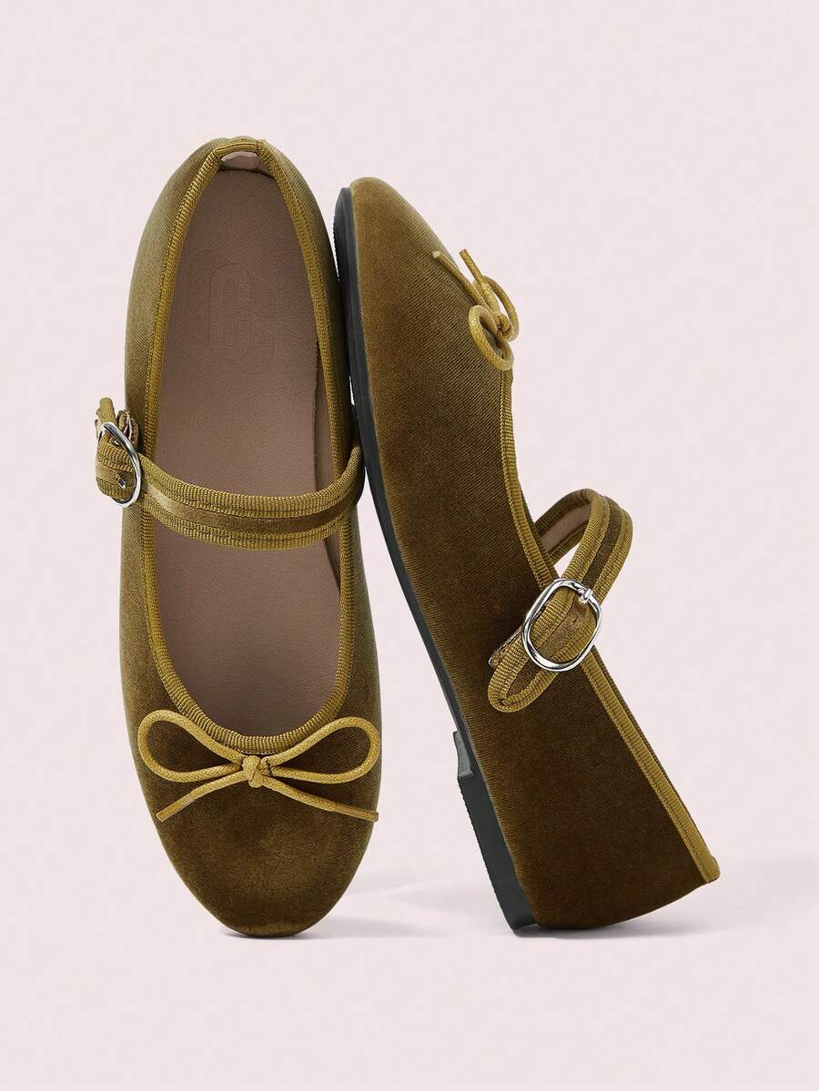 CUCCOO DOLLMOD Ladies Grass Green Round Toe Bow Decoration With Buckle Flat Sole Shoes Upper Velvet Material Suitable For Daily Commuting Birthday Parties - grass green - View 1