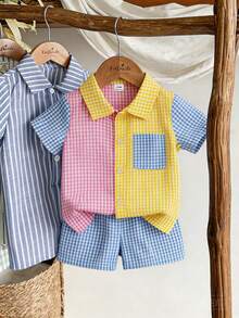SHEIN Vintaside Kids Bộ áo sơ mi và quần short họa tiết thời trang đường phố cho bé trai. - Nhiều màu - Xem 3