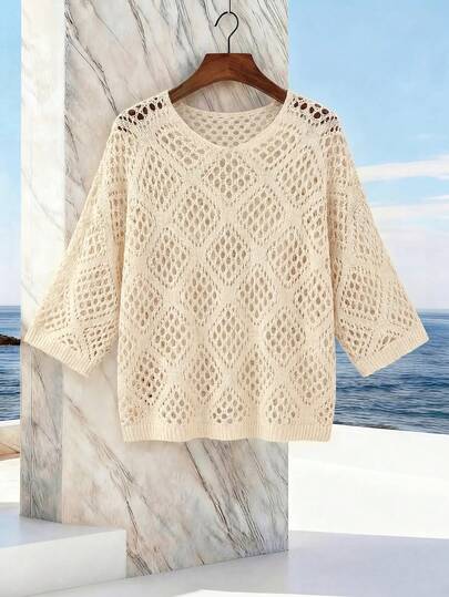 Breezaya Women's Vacation Solid Color V-Neck 3/4 Sleeve Loose Hollow Out Sweater,Crochet Cover Up,Crochet Tops For Women,Boho Summer Tops,Summer Sweaters For Women,Summer Tops Women Knit Tops,Beige Crocheted Top