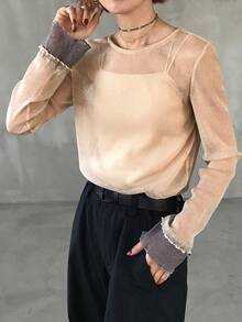 FRIFUL 女士撞色圆领长袖薄纱蕾丝拼接休闲百搭上衣，秋冬款 - 杏色 - 查看 4