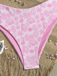 Swim Mod Conjunto de bikini de playa de vacaciones dulce con estampado de concha para mujer de talla grande - Rosa - Ver 4
