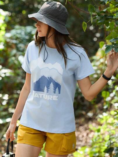 SHEIN In My Nature Women's Letter & Mountain Print Round Neck Outdoor Short Sleeve T-Shirt