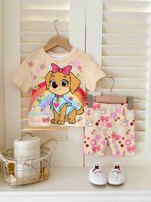 SHEIN 女宝宝休闲简约圆领宽松短袖T恤和紧身骑行短裤套装，适合春夏季 - 彩色 - 查看 2