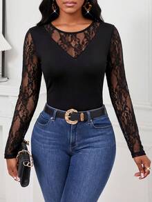 SHEIN Lady 女士蕾丝圆领修身休闲长袖T恤 - 黑色 - 查看 5