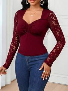 SHEIN Lady Women's Lace Patchwork Ruffle Fitted Casual Long Sleeve T-Shirt - Burgundy - View 3