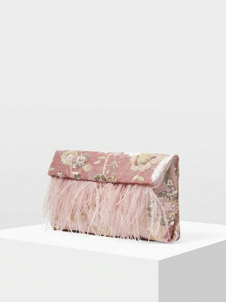 LADIES ELEGANT FLORAL PATTERN BEAD MATERIAL CLUTCH BAG ENVELOPE BAG WITH ARTIFICIAL FEATHER DECORATION,VALENTINES DAY