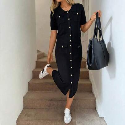 Conjunto de dos Piezas  Tejido de Mujer Elegante, Falda, Blusa, Comodo, Casual. Botones al Frente y Bolsas,Conjunto de dos piezas, conjunto de traje para mujer, set coordinado.