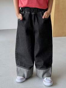 DAZY Young Boy Casual Everyday Commute Minimalist Elastic Waist Cuffed Hem Loose Wide Leg Jeans - Black - View 2