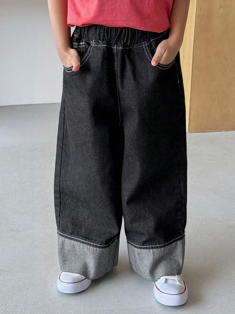 Young Boy Casual Everyday Commute Minimalist Elastic Waist Cuffed Hem Loose Wide Leg Jeans