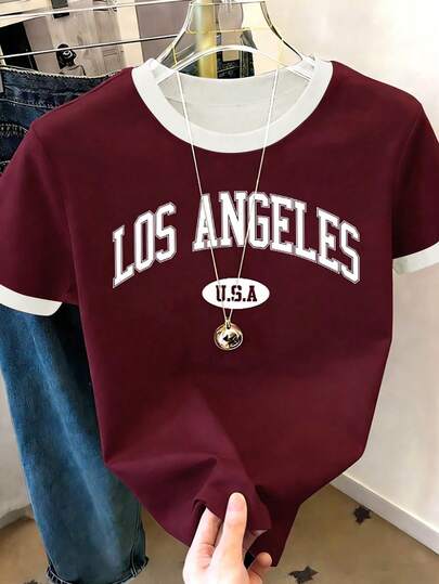 Teen GirlShort Round Neck Short Sleeve T-Shirt, Retro American Contrast Color Patchwork, LOS ANGELES USA Letter Print Wine Red T-Shirt, Essential Summer Tops