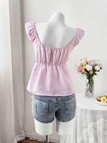 Sweetra Plus Size Summer Pink Waist Cinched Casual Commute Short Sleeve Shirt - Pink - View 2