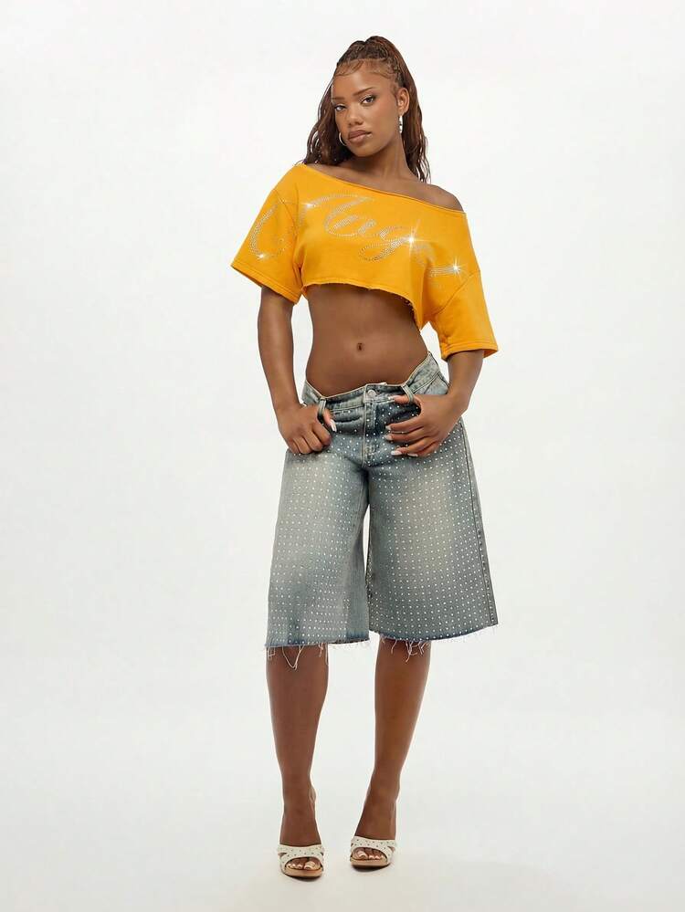 SUMWON WOMEN Off Shoulder Rhinestone Hot Fix Letter Embellished Crop Top With Raw Edge Hem Casual Streetwear Style