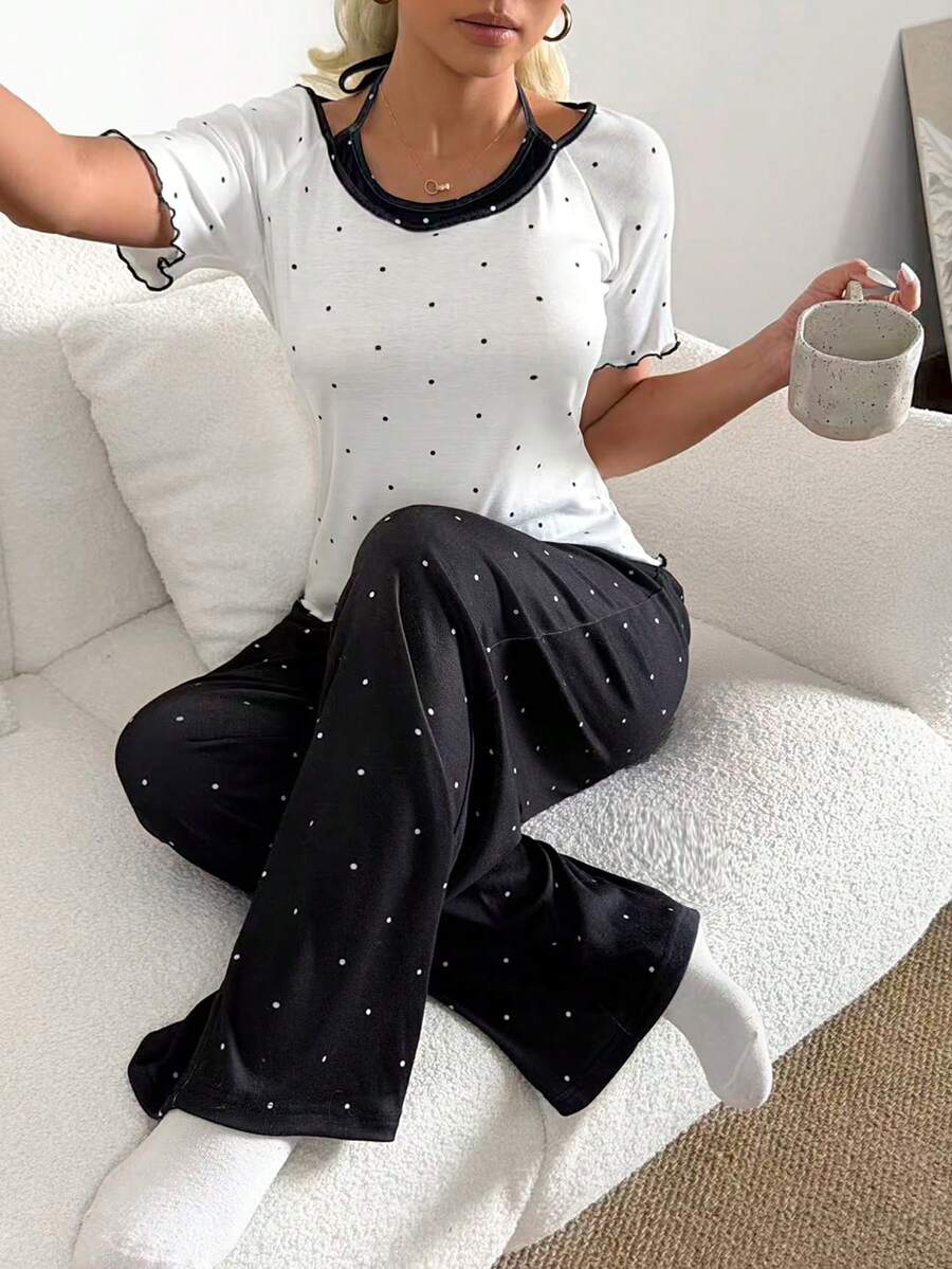DAZY 2pcs/Set Women Polka Dot Print Sleeveless Top And Straight Long Pants Pajama Set, Summer - White - View 1