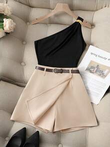 SHEIN Franclia 女士优雅通勤经典无袖金属黑色背心和二合一裙裤套装，春夏款 - 彩色 - 查看 3