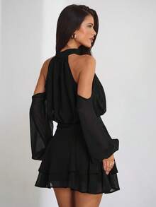 Aloruh Purple-Red Long Sleeve Off-Shoulder Dress, Casual Commuter Elegant Dress With Small Stand Collar, Spring - Black - View 2