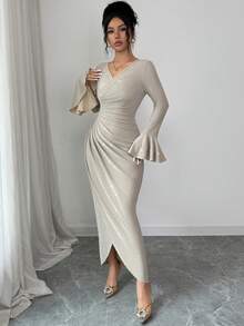Modelyn Women's Elegant Ruffle Flare Sleeve Split Dress, Autumn - Apricot - View 5