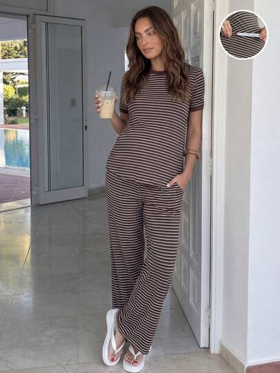 SHEIN 两件套孕妇条纹圆领短袖上衣和裤子套装