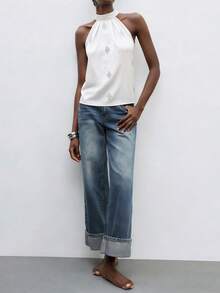 Maija Tie-Up Satin Halter Neck Cold-Shoulder Blouse Top White Sleeveless Top White Satin Top White Elegant Top White Summer Top White Top For Women, Spring/Summer Outdoor Life, Summer Top, Summer Holidays, Spring , Party Top, Beach For Women, Going Out Top, Elegant,, Wedding Anniversary,  , Summer Tops , Summer Outfit For Women , Rhinestone Neckband Design - White - View 2