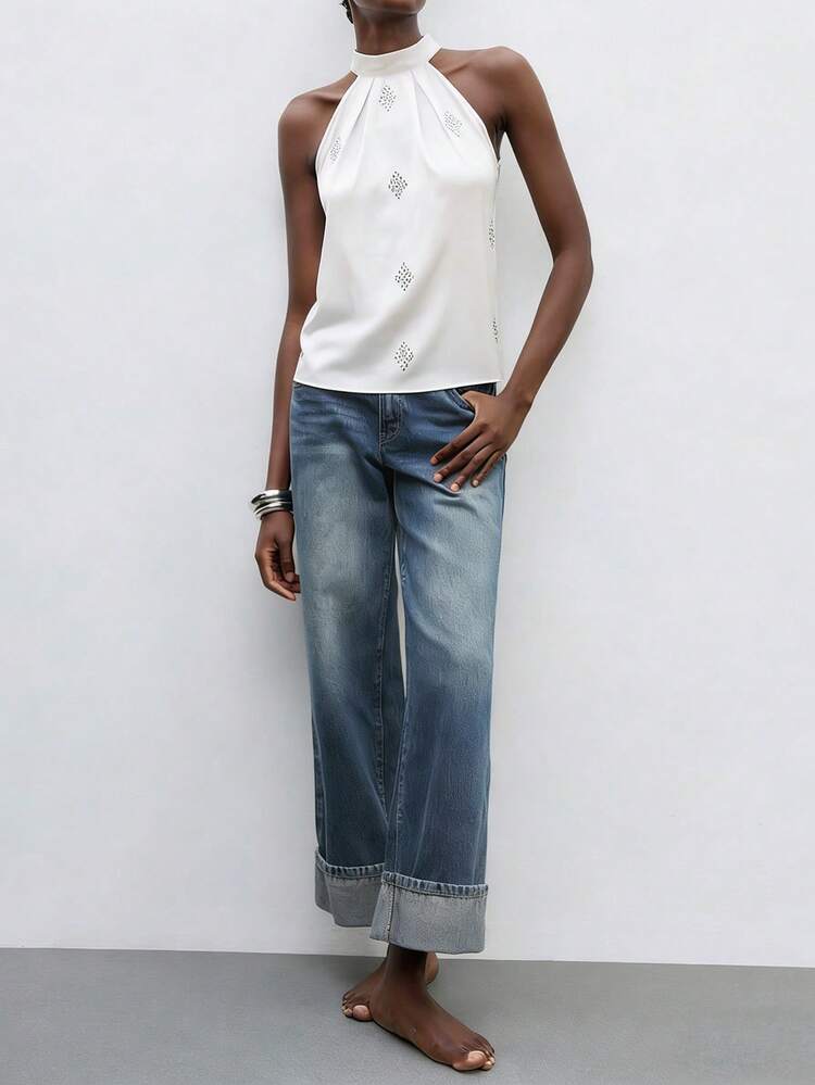 SHEIN Maija Tie-Up Satin Halter Neck Cold-Shoulder Blouse Top White Sleeveless Top White Satin Top White Elegant Top White Summer Top White Top For Women, Spring/Summer Outdoor Life, Summer Top, Summer Holidays, Spring , Party Top, Beach For Women, Going Out Top, Elegant,, Wedding Anniversary,  , Summer Tops , Summer Outfit For Women , Rhinestone Neckband Design