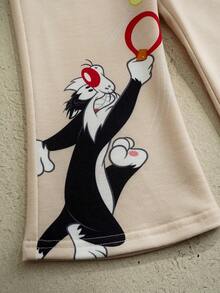 LOONEY TUNES X SHEIN 女婴字母卡通印花圆领短袖T恤和裤子休闲套装 - 卡其色 - 查看 4