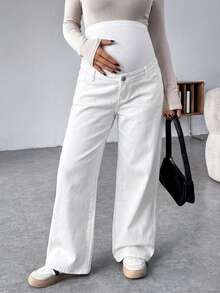 SHEIN 孕妇白色针织拼接白色牛仔宽松裤 - 白色 - 查看 3
