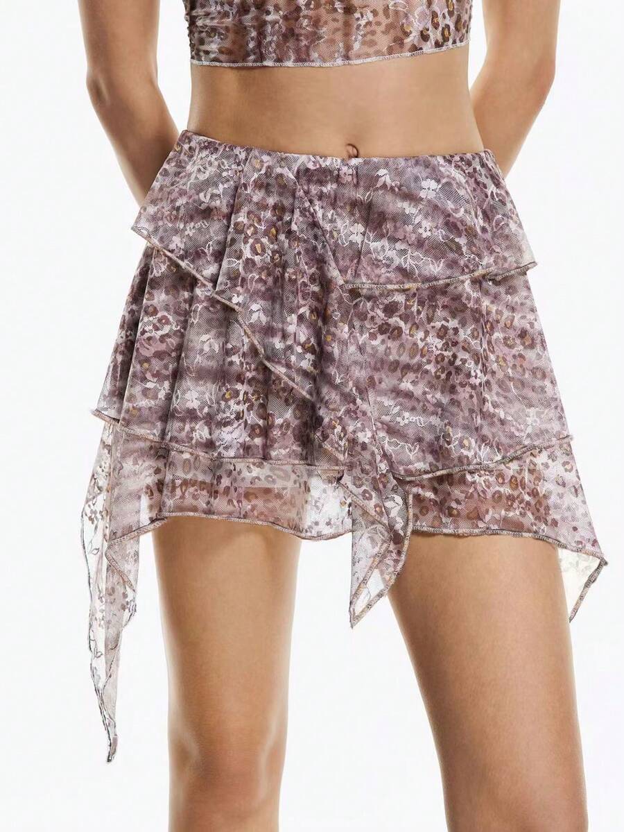 Airlisse 女士豹纹荷叶边下摆百搭约会/外出迷你裙 - 彩色 - 查看 1