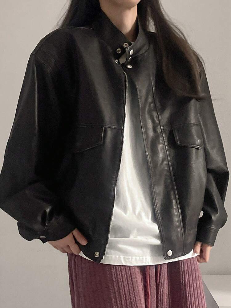 Women's Loose Fit Stand Collar Distressed Jacket,Fall Clothes Leather Jacket